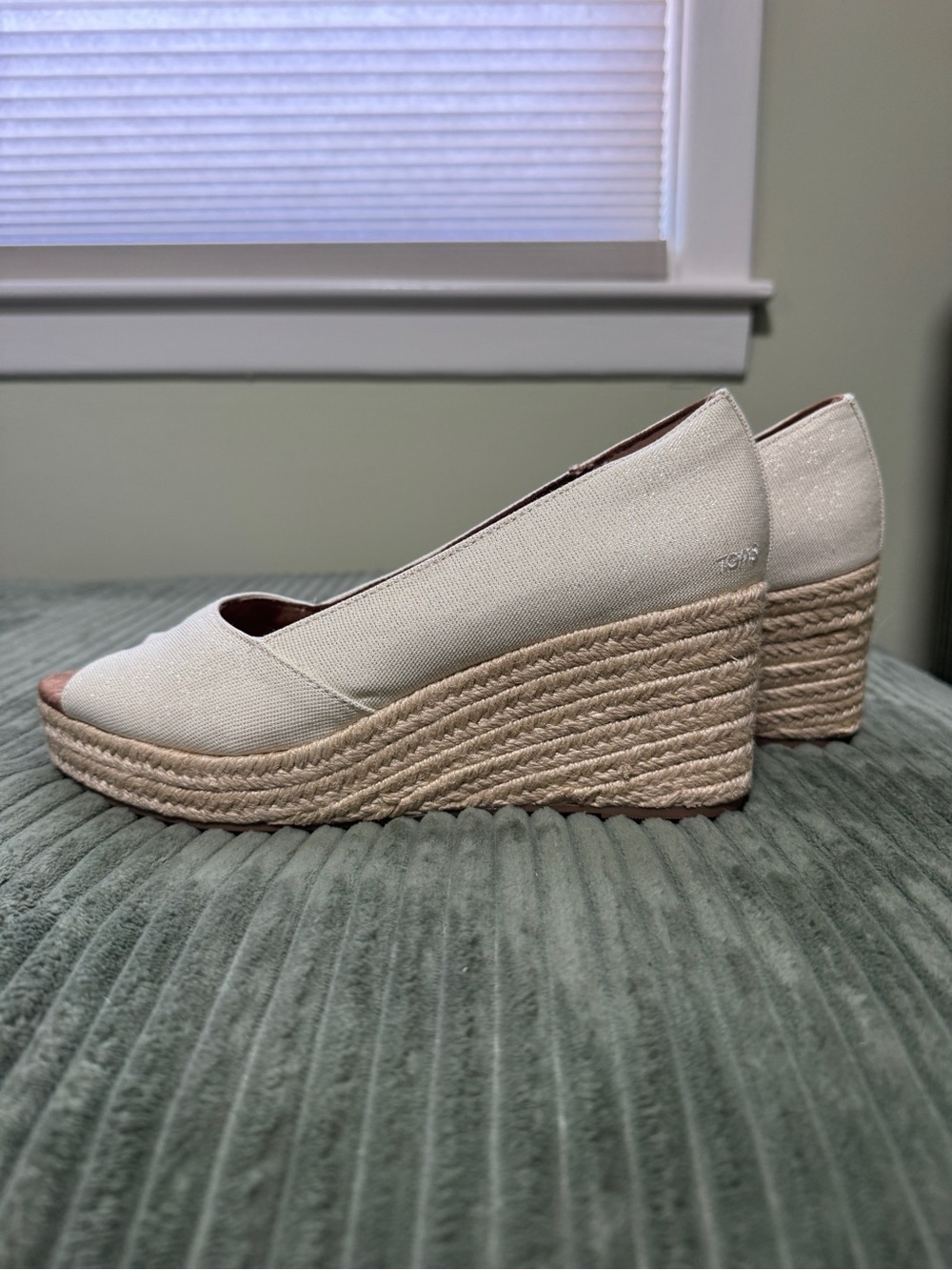 Toms Cream Canvas Espadrille Wedge Peep Toe
